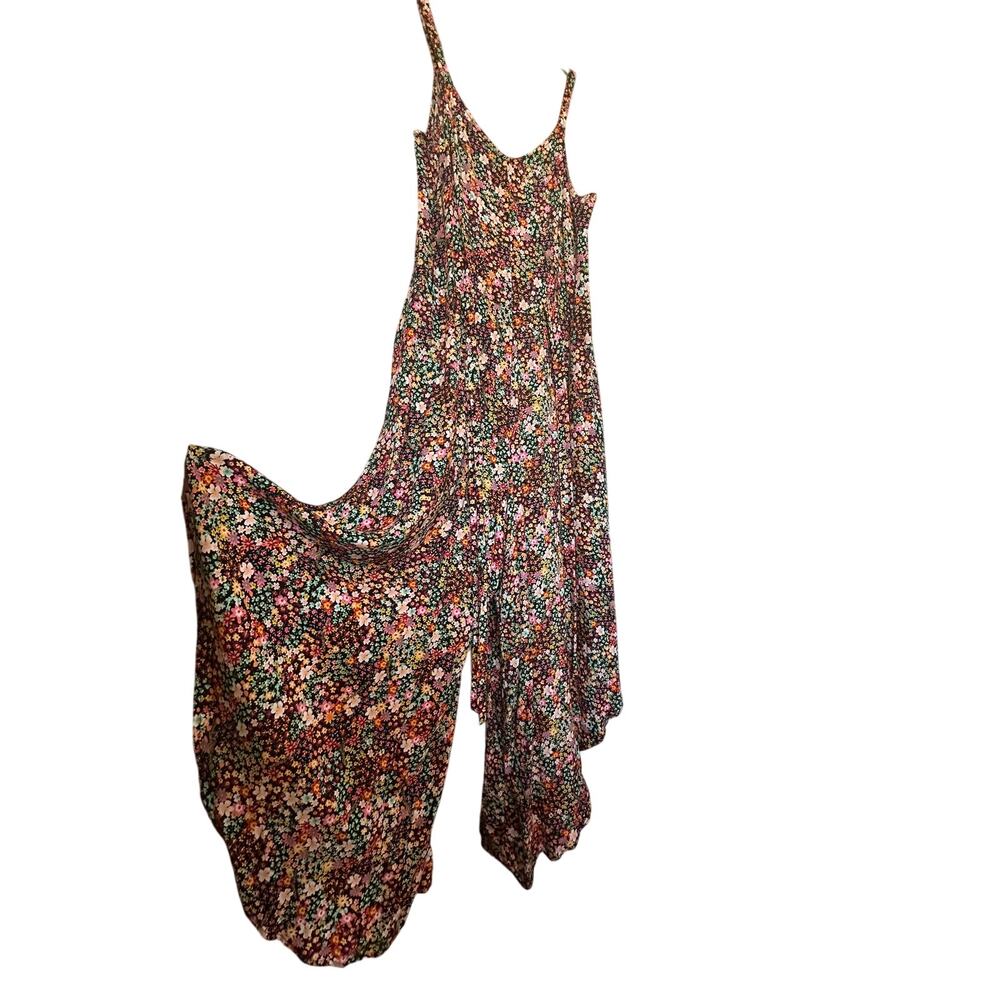 MSK Floral Wide Leg Jumpsuit Spaghetti Strap Black Multi Color V-Neck Large